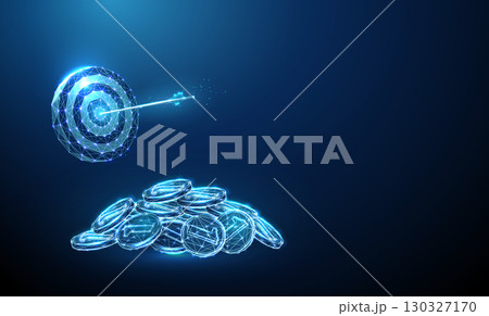 Target with arrow in the center and pile of coins in front. Financial goal achievement, profit, income, business success, targeted investment concept. Target with arrow in the center and pile of coins in front. Financial goal achievement, profit, income, business success, targeted investment concept. 130327170