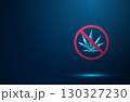Abstract cannabis leaf inside a crossed-out sign. Concept of prohibition, drug control, legal restriction, public health, and safety. Low poly digital futuristic style 130327230
