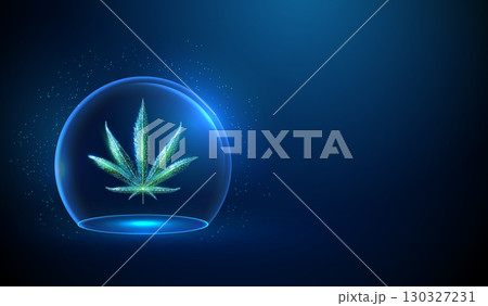 Abstract cannabis leaf under glass dome. Protection, quality control, medical research, legalization, biotechnology, medical concept. Futuristic low poly style. 130327231