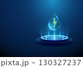 Water droplet with green lightning inside on futuristic podium. Renewable energy and sustainable power concept. 130327237