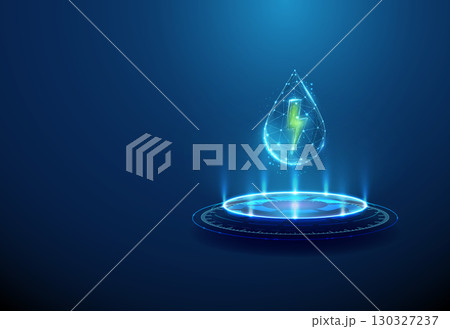 Water droplet with green lightning inside on futuristic podium. Renewable energy and sustainable power concept. Water droplet with green lightning inside on futuristic podium. Renewable energy and sustainable power concept. 130327237