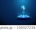 Light bulb with yellow lightning inside on futuristic podium. Renewable energy, sustainable power, clean energy innovation, eco-friendly technology, energy efficiency, li-fi concept 130327238