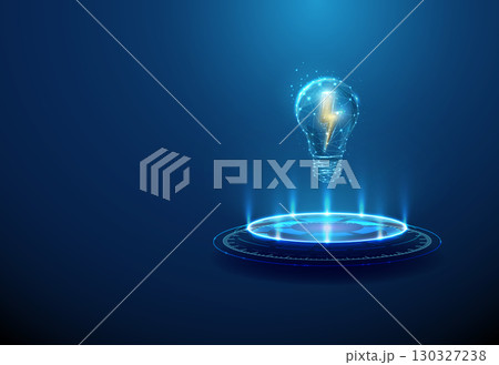 Light bulb with yellow lightning inside on futuristic podium. Renewable energy, sustainable power, clean energy innovation, eco-friendly technology, energy efficiency, li-fi concept Light bulb with yellow lightning inside on futuristic podium. Renewable energy, sustainable power, clean energy innovation, eco-friendly technology, energy efficiency, li-fi concept 130327238