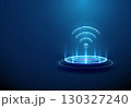 Wireless communication symbol on futuristic podium. Comprehensive connectivity, Wi-Fi, Li-Fi, 5G, 6G, edge computing, satellite internet technologies concept. 130327240