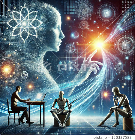 human works on a laptop while humanoid robots sit nearby, and an ethereal digital figure emerges in the background, symbolizing artificial intelligence and its connection to human technology. The human works on a laptop while humanoid robots sit nearby, and an ethereal digital figure emerges in the background, symbolizing artificial intelligence and its connection to human technology. The 130327582