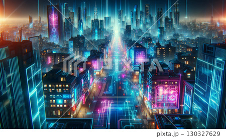 vibrant, futuristic cityscape illuminated by neon lights and holographic displays. The streets are lined with towering skyscrapers, and digital networks seem to integrate into the city itself. 130327629