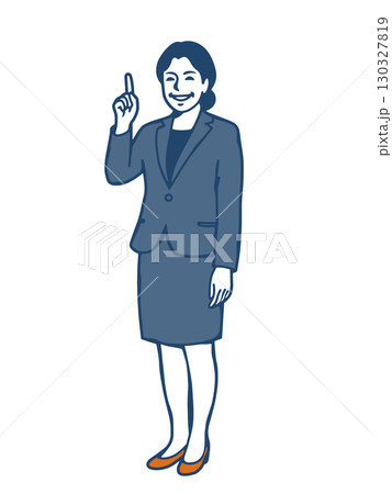 指を立ててひらめきを表すスーツ姿の笑顔の女性ビジネスパーソン 130327819