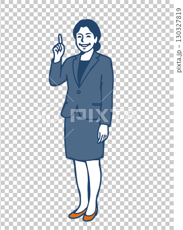 指を立ててひらめきを表すスーツ姿の笑顔の女性ビジネスパーソン 130327819