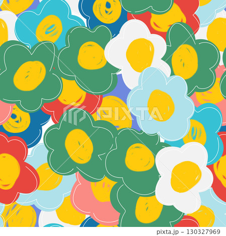Colorful cute floral seamless pattern. Naive art, children illustration. Doodle flowers 130327969