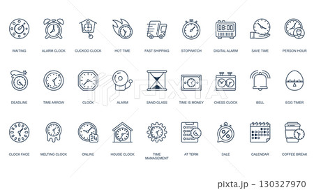 Time icons set in outline stroke design for web. Pack line pictograms with waiting, alarm clock, fast shipping, stopwatch, person hour, deadline, arrow, sandglass, timer, more. Vector illustration. 130327970