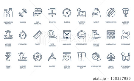 Measuring icons set in outline stroke design for web. Pack line pictograms with calibration weight, barbell, tape, caliper, clocks, platform scales, thermometer, stopwatch, more. Vector illustration. Measuring icons set in outline stroke design for web. Pack line pictograms with calibration weight, barbell, tape, caliper, clocks, platform scales, thermometer, stopwatch, more. Vector illustration. 130327989