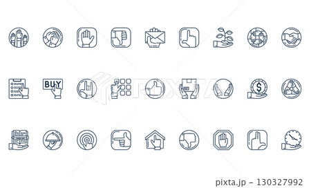Hands icons set in outline stroke design for web. Pack line pictograms with raising up, applause, palms, dislike, holding letter, support, handshake, pointing, buy, click, more. Vector illustration. Hands icons set in outline stroke design for web. Pack line pictograms with raising up, applause, palms, dislike, holding letter, support, handshake, pointing, buy, click, more. Vector illustration. 130327992