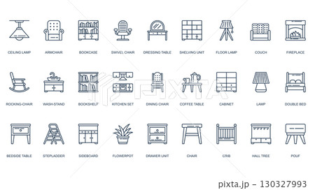 Furniture icons set in outline stroke design for web. Pack line pictograms with ceiling lamp, armchair, bookcase, swivel chair, dressing table, shelving unit, couch, crib, more. Vector illustration. 130327993