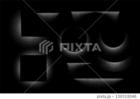 Shadows of round, square, line objects. Halftone gradient light effects in geometric shapes on black background. Various templates with shadow effect. Abstract vector illustrations set 130328046