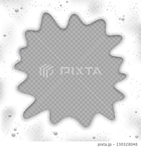 White foam splash frame with bubbles on transparent background. Foam of soap, beer, milk, fizzy drink, shampoo, detergent in shape of circle with realistic liquid texture. Vector illustration White foam splash frame with bubbles on transparent background. Foam of soap, beer, milk, fizzy drink, shampoo, detergent in shape of circle with realistic liquid texture. Vector illustration 130328048