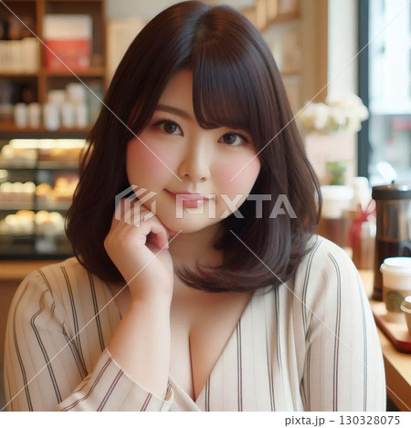 カフェのテーブルで一息つく、ふくよかな体型の女性の日常 カフェのテーブルで一息つく、ふくよかな体型の女性の日常 130328075