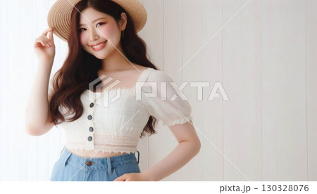 夏のカジュアルな服装で微笑む、ふくよかな若い女性 夏のカジュアルな服装で微笑む、ふくよかな若い女性 130328076