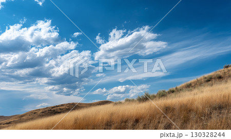 Free space nature background your decor. Blurred beach background green coconut palm trees. Sunny day blue sky and sunlight. Summer time. Beautiful nature sea ocean mountains and landscape, scenery 130328244