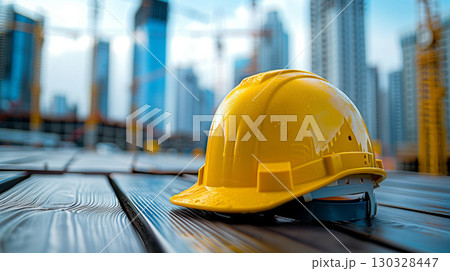 Yellow safety helmet on construction site with modern city skyline and skyscrapers in background 130328447