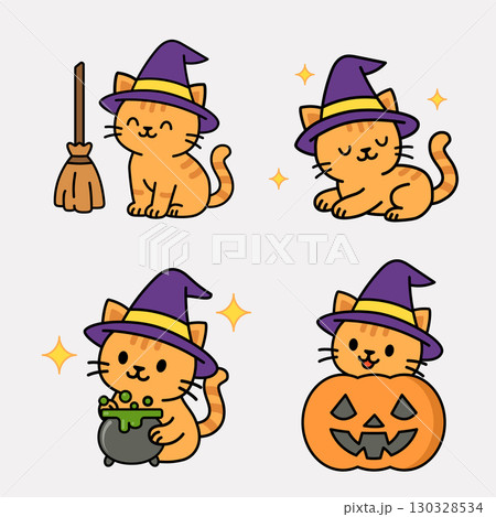 Vector Halloween illustration with cats in witch hats pumpkin broom and cauldron 130328534