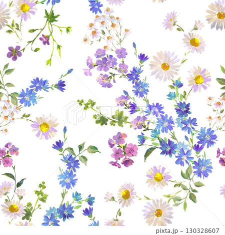 Seamless Wildflower Pattern for Fabric, Wallpaper, and Surface Design , Gouache Painting Style with Daisies and Blue Cornflowers 130328607