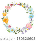Watercolor Floral Wreath with Wildflowers, Round Frame for Invitations, Wedding Cards, and Decorative Design 130328608