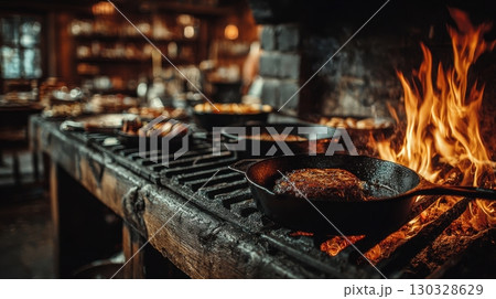 Sizzling steak in a cast iron pan over an open flame, creating a rustic cooking scene that highlights the rich flavors of grilling with fire, alongside other preparations 130328629
