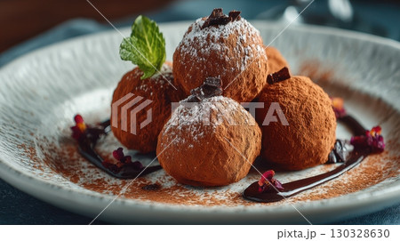 A delicious dessert of chocolate truffles, dusted with cocoa powder and powdered sugar, is beautifully garnished with mint and chocolate sauce on a decorative plate 130328630