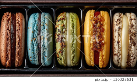 A delightful variety of colorful macarons are beautifully arranged in a box, showcasing their delicate shells and creamy fillings, ready to be enjoyed as a sweet treat or dessert 130328631