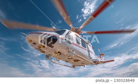 White helicopter in flight against a partly cloudy sky, ready to be deployed for air transport, medevac missions, or executive transport services 130328649