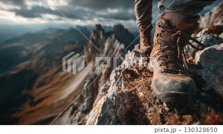 Elevated hiking boots stand on the rugged terrain of a mountain peak, with a stunning view of the landscape, capturing the spirit of adventure and exploration 130328650