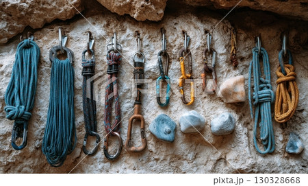 Climbing wall with ropes, quickdraws, and carabiners. Vital safety gear for rock climbing, each piece ensures a secure ascent 130328668