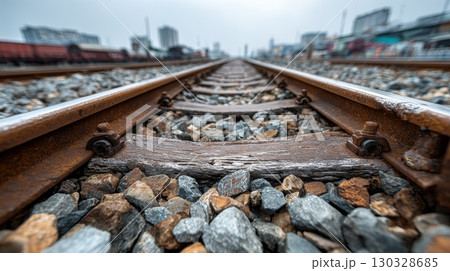 Railroad tracks converge at ground level, showing weathered ties, ballast, and distant buildings fading into a gray sky 130328685