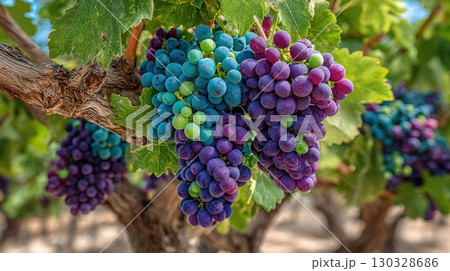Close-up showcases the vibrant clusters of grapes in the vineyard, capturing the beauty of nature and the essence of viticulture 130328686