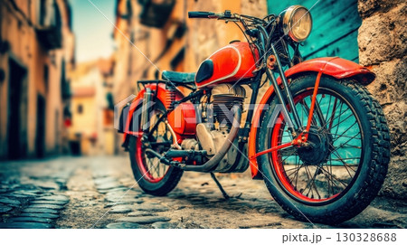 A vintage motorcycle sits on a cobblestone street, showcasing its retro style and design that evokes a sense of classic motorcycling 130328688