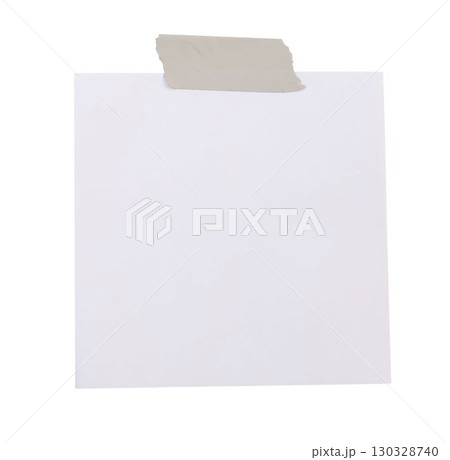 Blank notepaper mockup. Reminder message card template isolated on transparent background. White textured paper. Grunge torn brown washi tape. Office business stationery element. Memo card 130328740