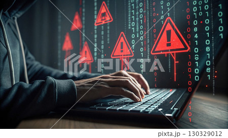 hacker in dark hoodie types on laptop, surrounded by red warning symbols 130329012
