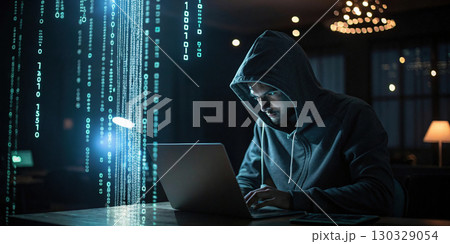 hooded hacker sitting in dimly lit room, surrounded by digital code 130329054