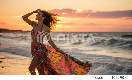 sun kissed woman with flowing beach waves wearing floral bikini and skirt at sunset 130329080