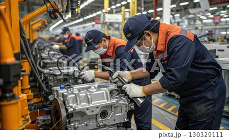 Workers assembling engines in automotive...のイラスト素材 [130329111] - PIXTA