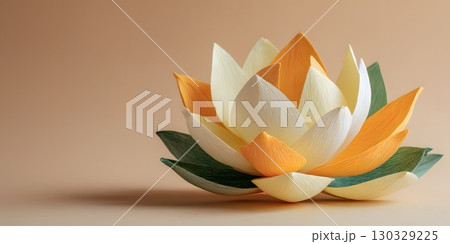 A decorative lotus flower with saffron, white, and green petals. The flower symbolizes purity and is often associated with Indian culture and Buddhism. 130329225
