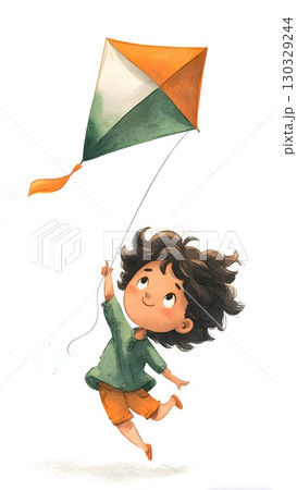 A young Indian boy with curly black hair joyfully flies a kite. The kite features saffron, white, and green colors, symbolizing Indian Independence Day. A young Indian boy with curly black hair joyfully flies a kite. The kite features saffron, white, and green colors, symbolizing Indian Independence Day. 130329244