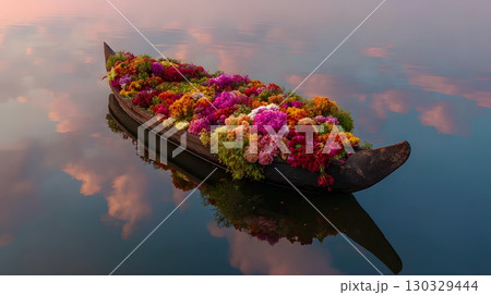 A traditional boat filled with vibrant flowers floats on calm waters during Onam celebrations in Kerala, India. The scene reflects cultural richness and natural beauty. A traditional boat filled with vibrant flowers floats on calm waters during Onam celebrations in Kerala, India. The scene reflects cultural richness and natural beauty. 130329444