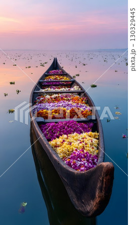 A traditional wooden boat filled with vibrant flowers floats on calm waters during Onam celebrations in Kerala, India. The scene captures the essence of Vallam Kali. 130329445