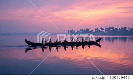 A traditional Vallam Kali boat race in Kerala, India. Eight rowers paddle in unison on a calm lake at sunset, surrounded by palm trees and a colorful sky. A traditional Vallam Kali boat race in Kerala, India. Eight rowers paddle in unison on a calm lake at sunset, surrounded by palm trees and a colorful sky. 130329446