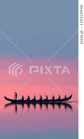 A traditional Vallam Kali boat race in Kerala, India. Eight rowers in silhouette paddle in unison against a colorful sunset sky reflected in calm waters. 130329448