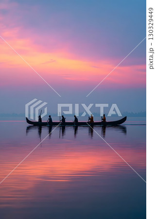A group of six men in traditional boats paddling during Vallam Kali at sunset in Kerala, India. The sky is painted in shades of pink and purple, reflecting on the water. 130329449