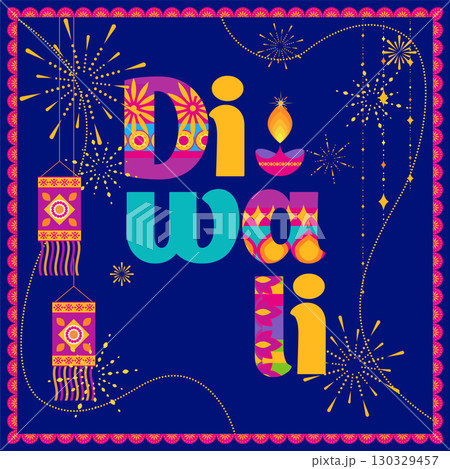 Colorful Typography Fireworks Diwali Vector 130329457