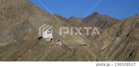 Tsemo Castle and Namgyal Tsemo Monastery seen from Shanti Stupa, Leh, India. 130329517