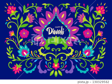 Colorful Floral Frame Diwali Illustration 130329582